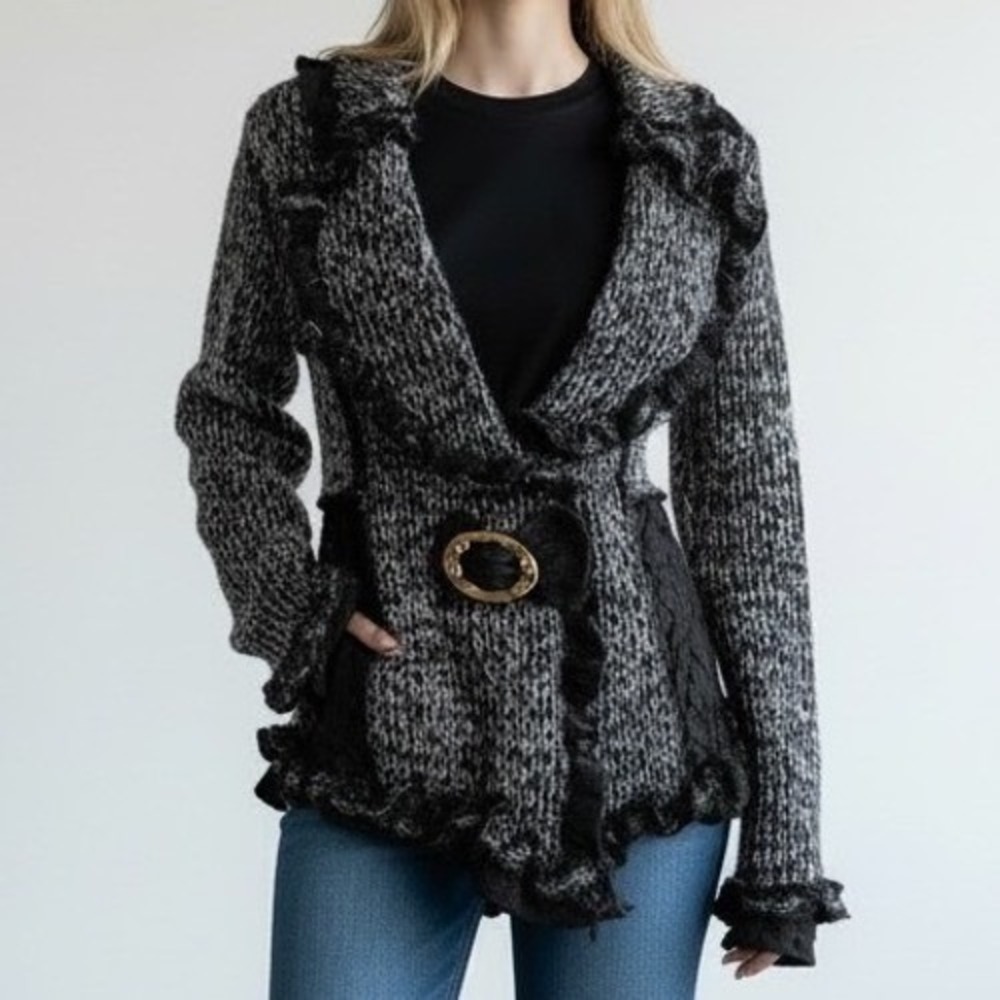 COCO & TASHI Black White Marled Ruffle Lace Cardigan Sweater‎ Women's L Office
